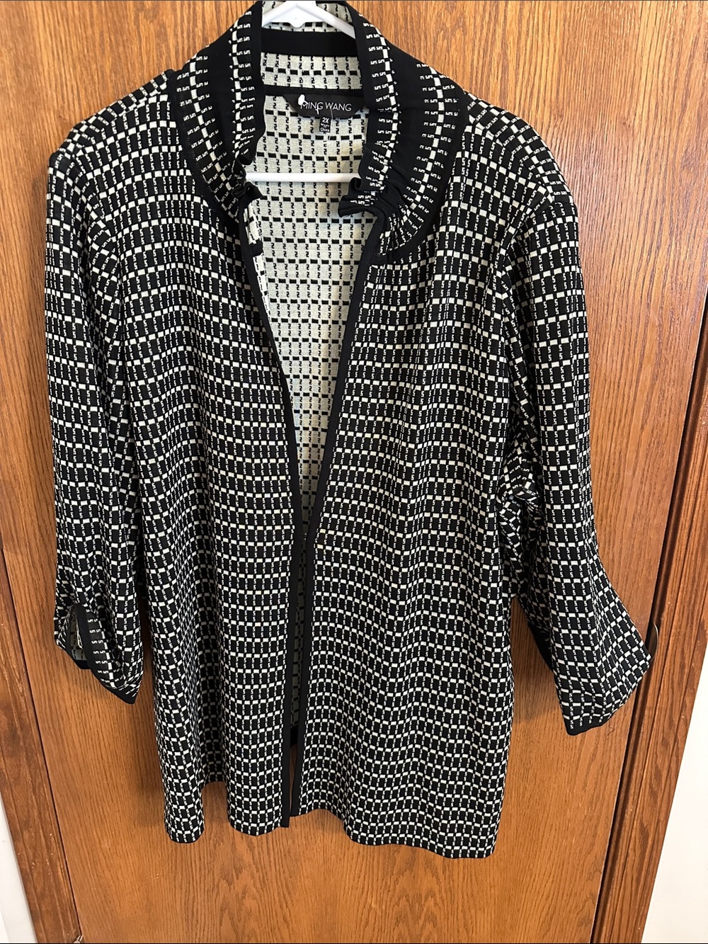 Ming Wang Black and White Open-Front Textured Cardigan